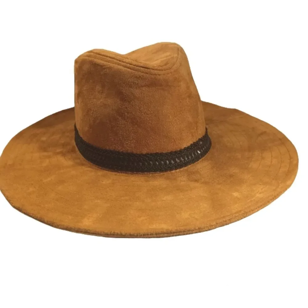 D&Y Brown Faux Suede Leather Western Panama Hat OS